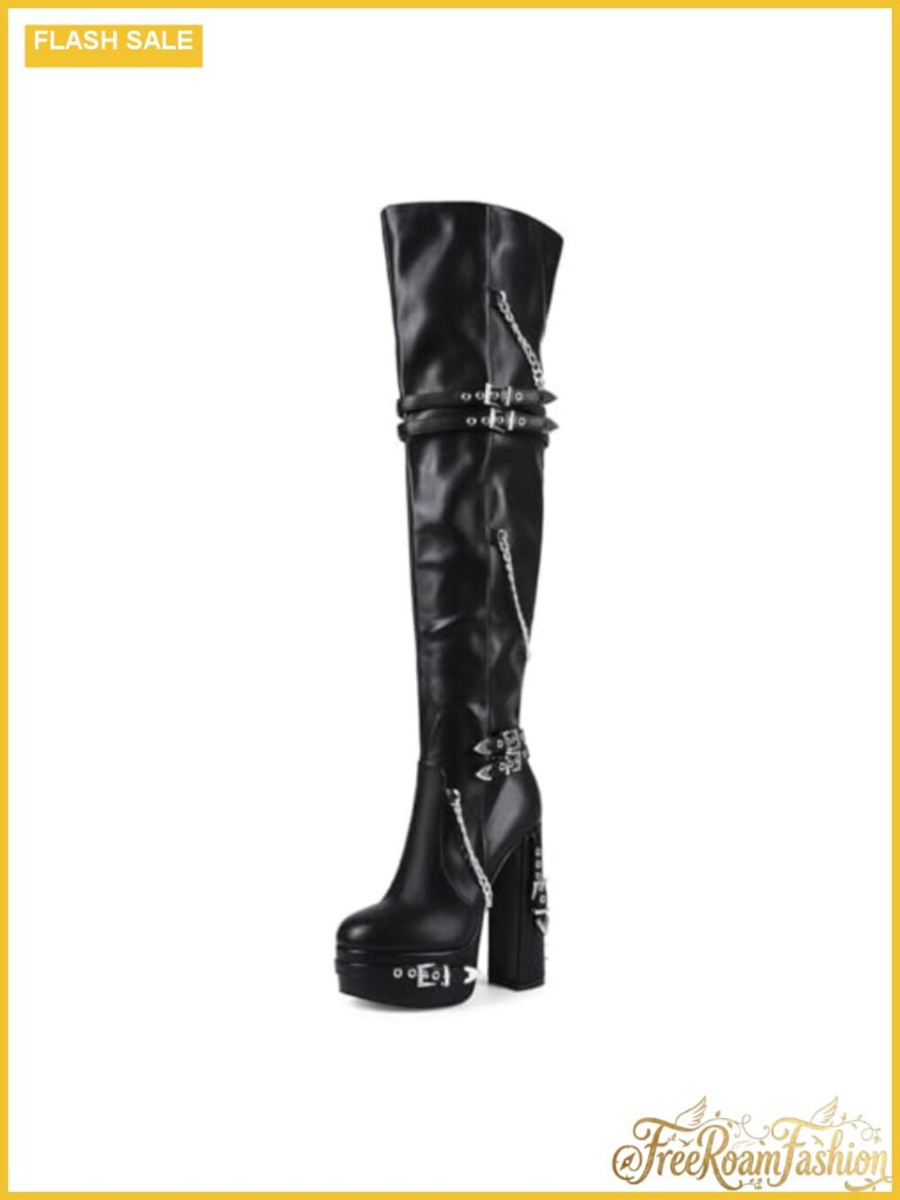 Women's Thigh High Platform Block Heel Boots Faux Leather Studded Buckle
